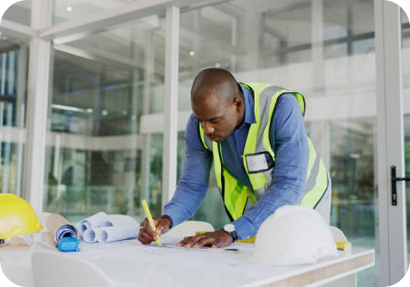 Construction worker reviewing blueprints